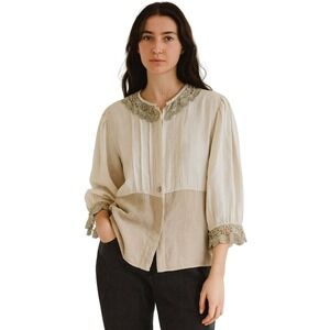 LODENFREY Lagenlook Linen Shirt Jacket 42 Lace‎ Trim Cottagecore Mori Girl